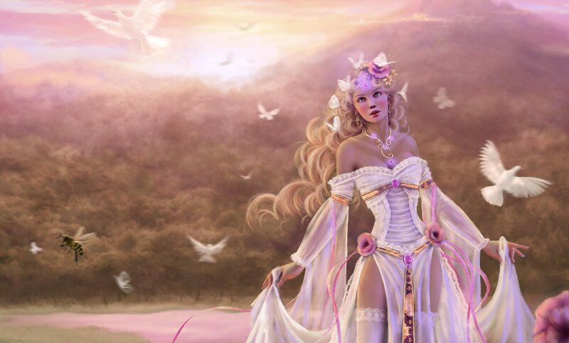 woman in white dress with birds