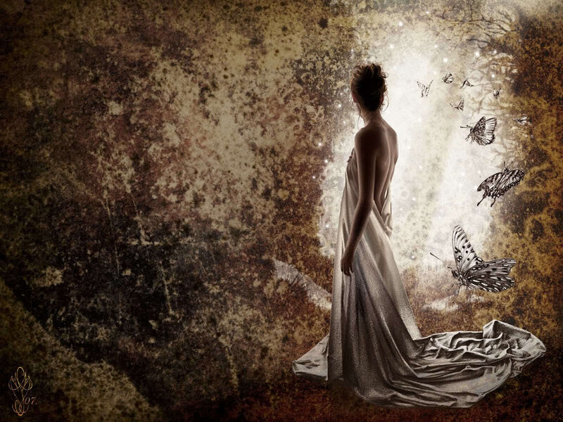 woman in white dress with butterflies