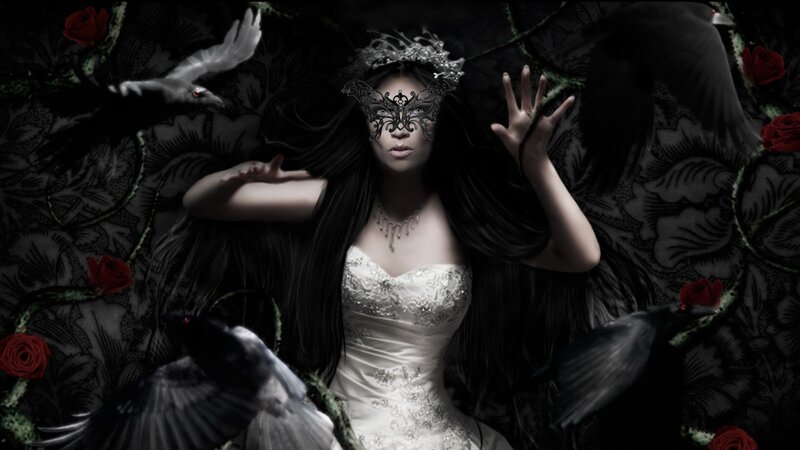 woman in white dress with crows