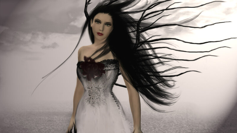woman in white dress with flowing hair