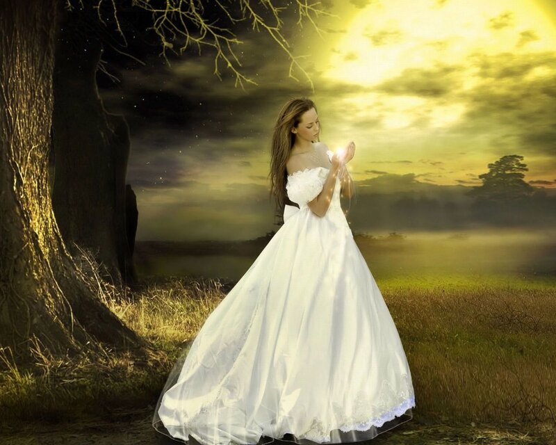 woman in white dress with light