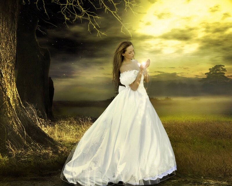 woman in white dress with light