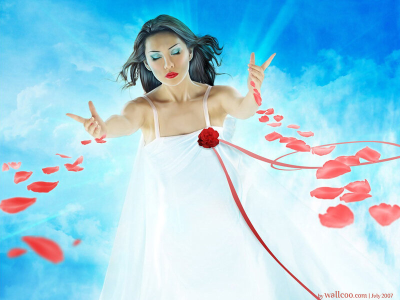 woman in white dress with rose petals