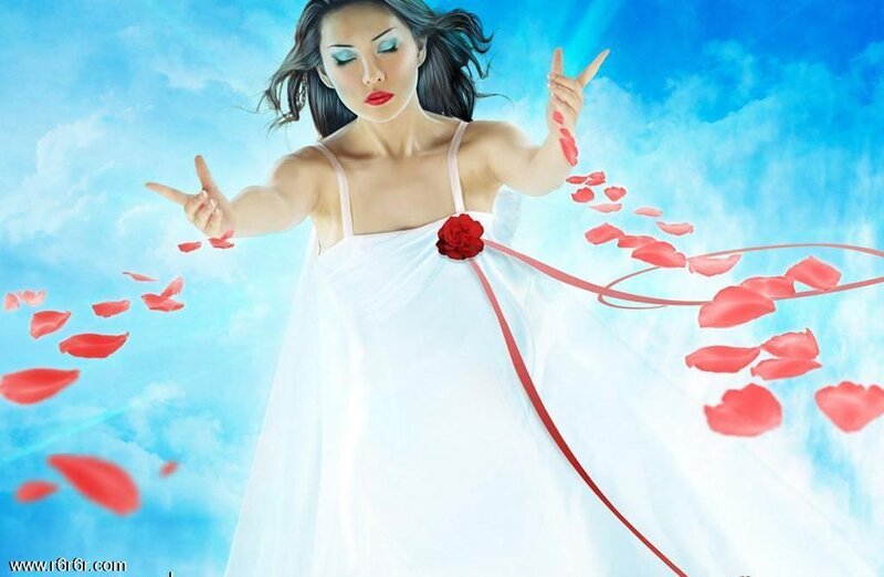 woman in white dress with rose petals