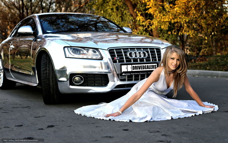 woman in white dress with silver car