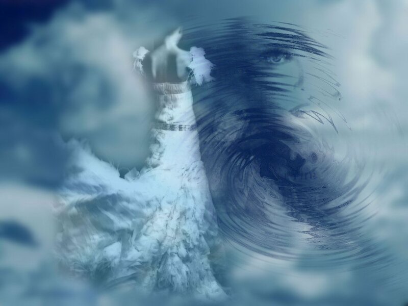 woman in white dress with swirling face
