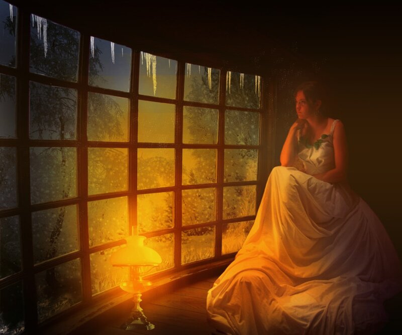 Woman in White Dress — Yellow, Dramatic, Night, Digital Art, Window