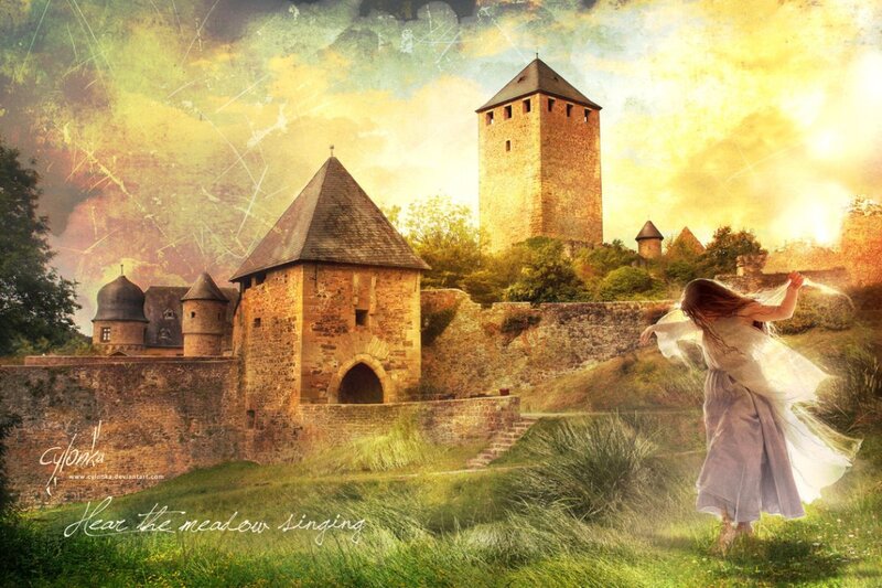 Woman in White Dress — Yellow, Dramatic, Sunset, Digital Art, Castle