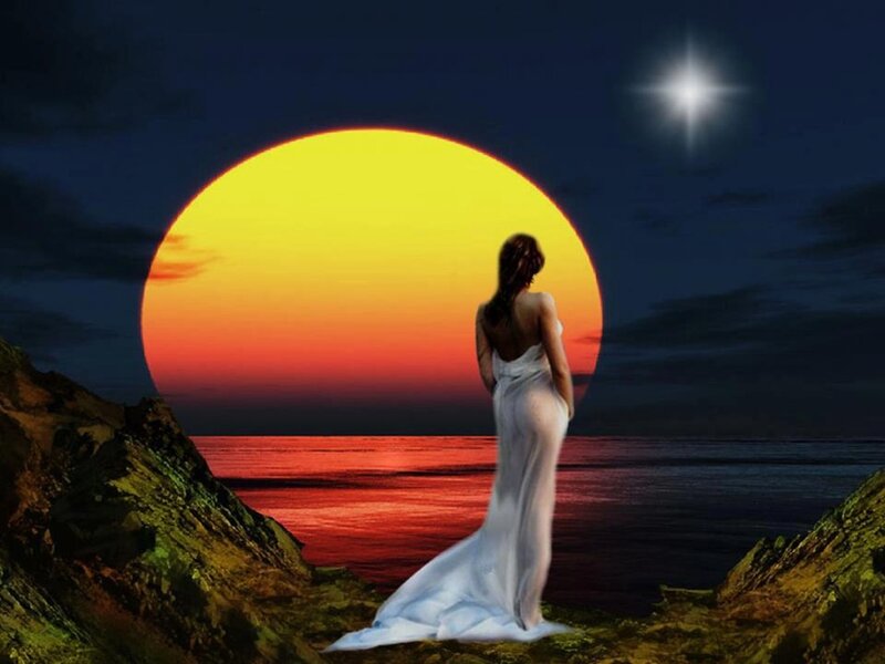 Woman in White Dress — Yellow, Dramatic, Sunset, Digital Art, Sun