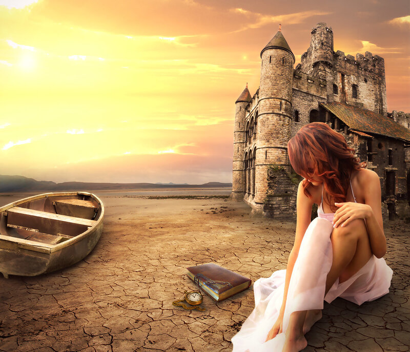Woman in White Dress — Yellow, Dramatic, Sunset, Digital Art