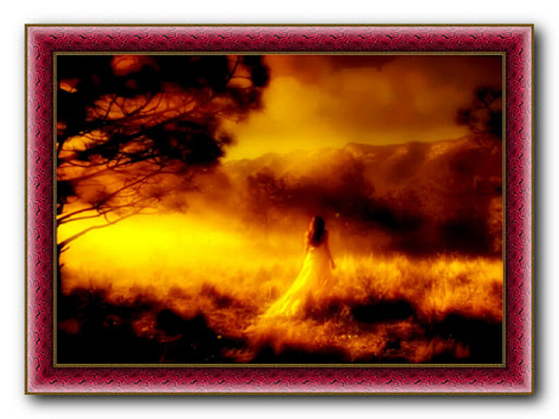 Woman in White Dress — Yellow, Dramatic, Sunset, Digital Art, Tree, Field