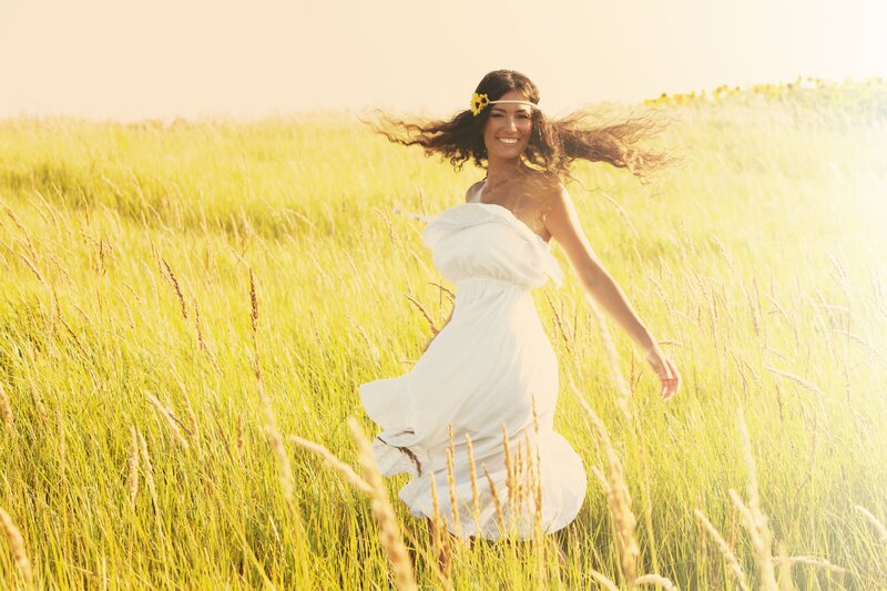 Woman in White Dress — Yellow, Joyful, Afternoon