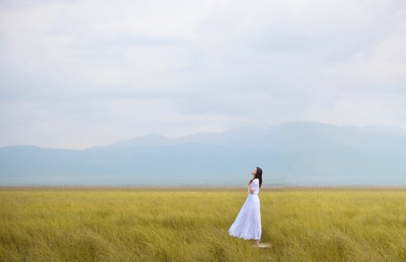 Woman in White Dress — Yellow, Serene, Afternoon, Photograph, Field