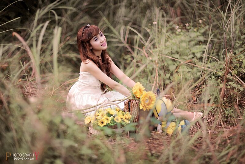 Woman in White Dress — Yellow, Serene, Afternoon, Photograph, Sunflowers