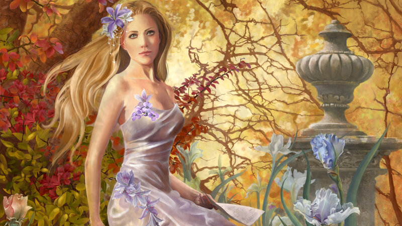 Woman in White Dress — Yellow, Serene, Autumn, Digital Art, Flowers, Garden