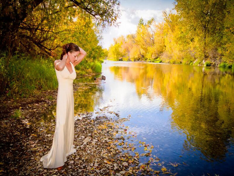Woman in White Dress — Yellow, Serene, Autumn
