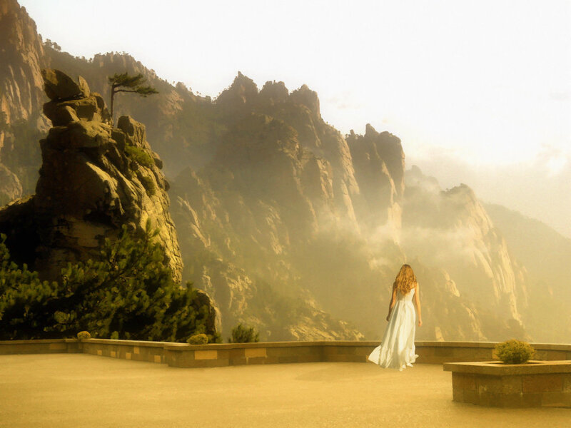 Woman in White Dress — Yellow, Serene, Morning