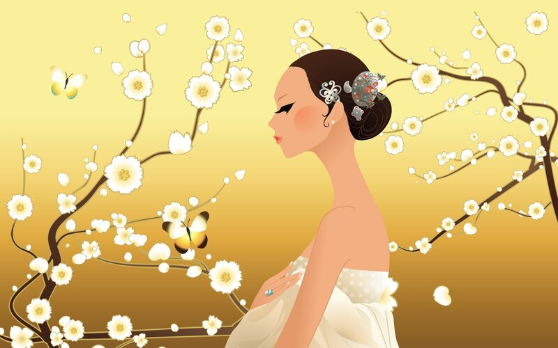 Woman in White Dress — Yellow, Serene, Spring, Illustration
