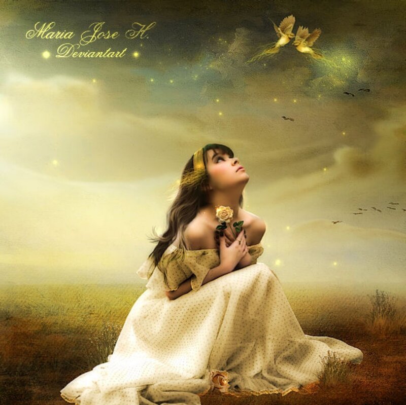 Woman in White Dress — Yellow, Serene, Sunset, Digital Art, Rose