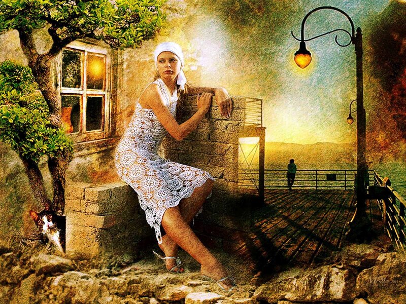 Woman in White Dress — Yellow, Serene, Sunset
