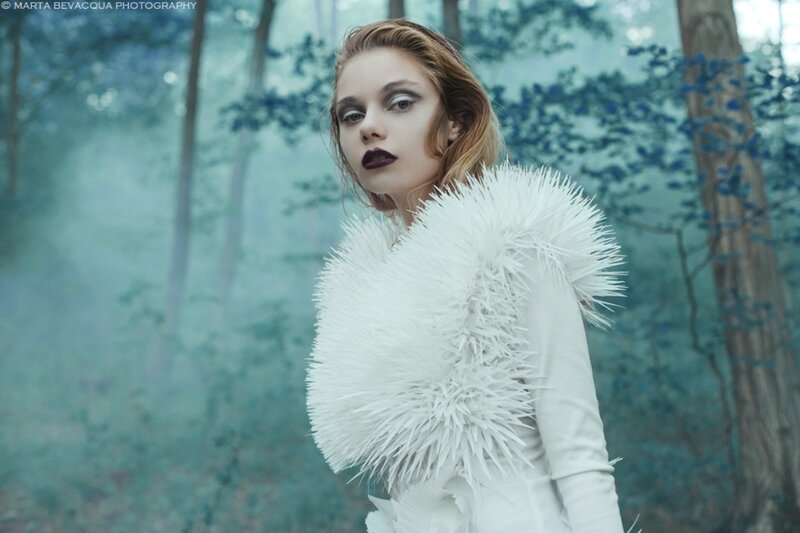 Woman in White Feather Coat — Dramatic, Photograph