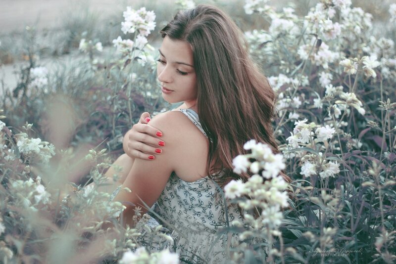 Woman in White Flowers — Serene, Afternoon, Photograph