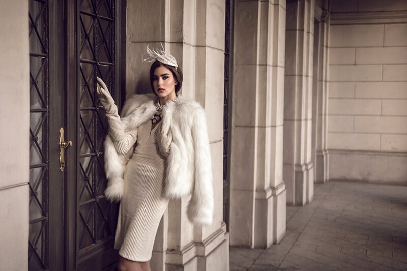 Woman in White Fur Coat — Dramatic, Photograph, Fur Coat, Feather Hat