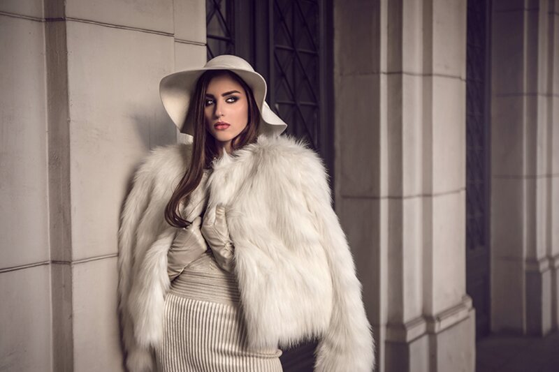 Woman in White Fur Coat — Dramatic, Photograph, Hat