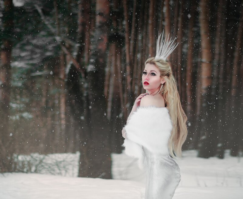 Woman in White Fur Coat — Dramatic, Winter, Photograph, Snow