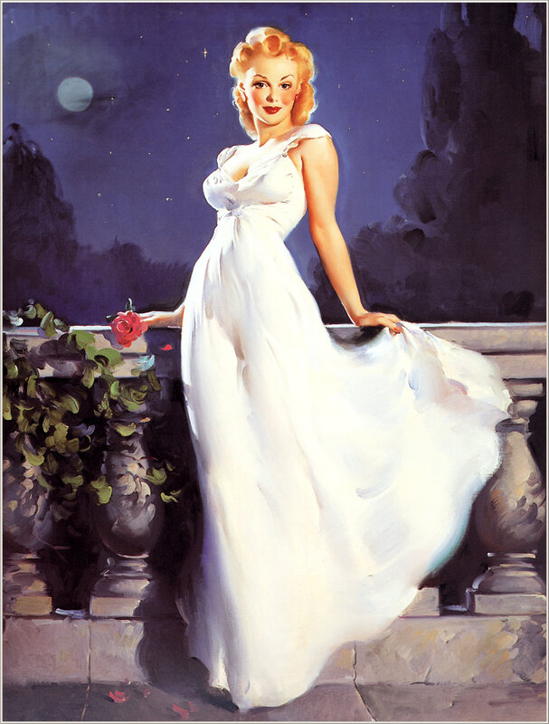 Woman in white gown at night