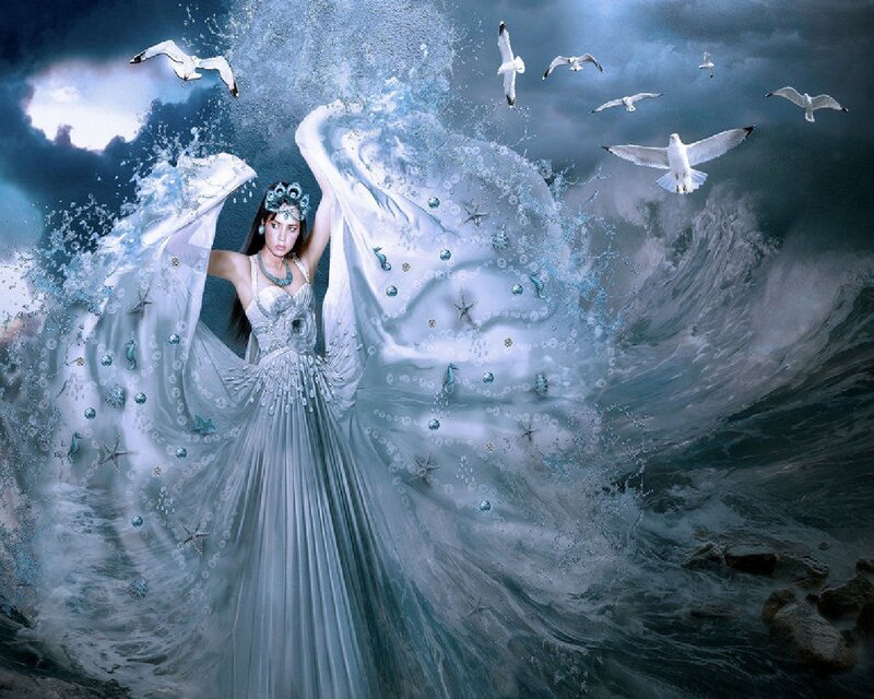 Woman in White Gown — Blue, Dramatic, Digital Art