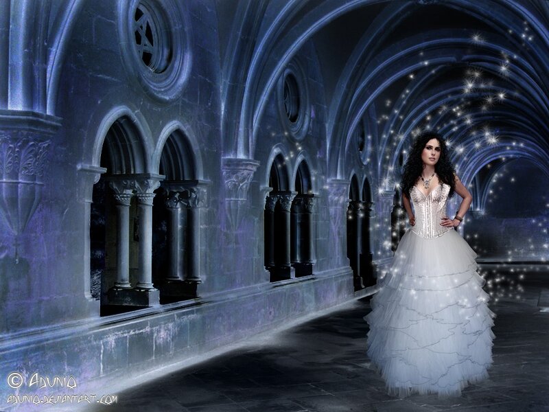 Woman in White Gown — Blue, Dramatic, Night, Digital Art, Castle Corridor