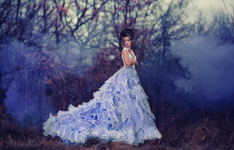 Woman in White Gown — Blue, Dramatic, Photograph, Smoke
