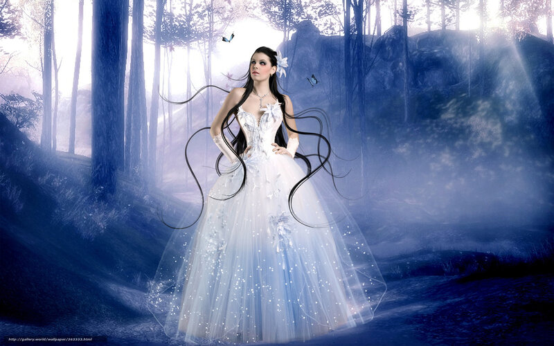 Woman in White Gown — Blue, Ethereal, Night, Digital Art, Forest