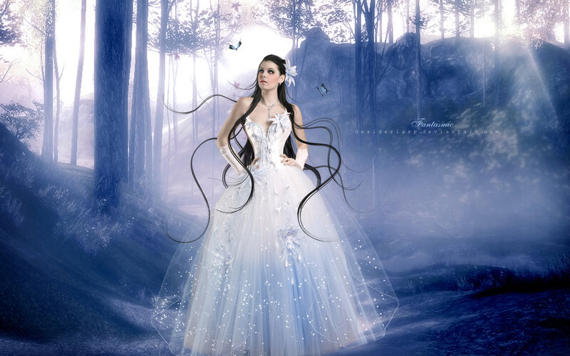 Woman in White Gown — Blue, Serene, Night, Digital Art, Forest, Butterflies