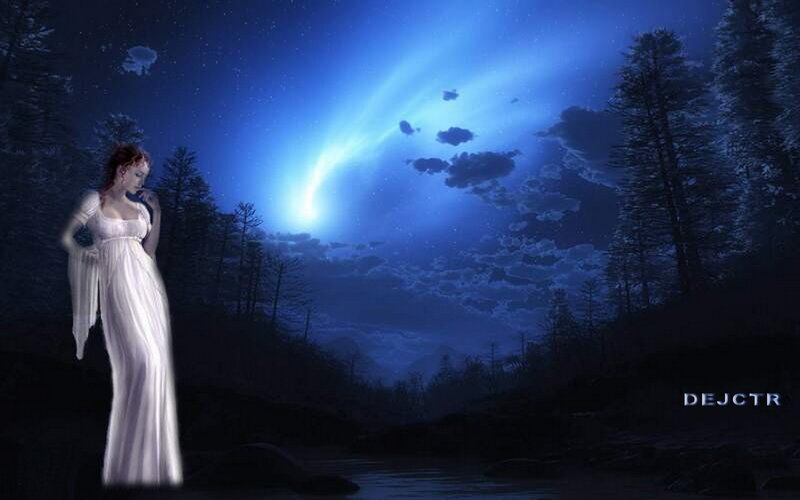 Woman in White Gown — Blue, Serene, Night, Digital Art, Forest