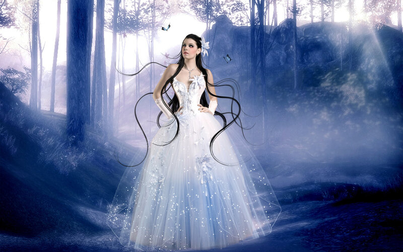 Woman in White Gown — Blue, Serene, Night, Digital Art