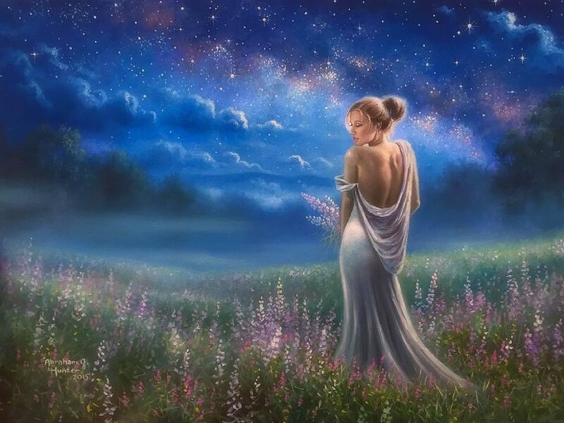 Woman in White Gown — Blue, Serene, Night, Painting