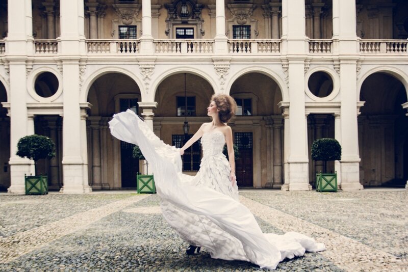 Woman in White Gown — Dramatic, Afternoon, Photograph, Building