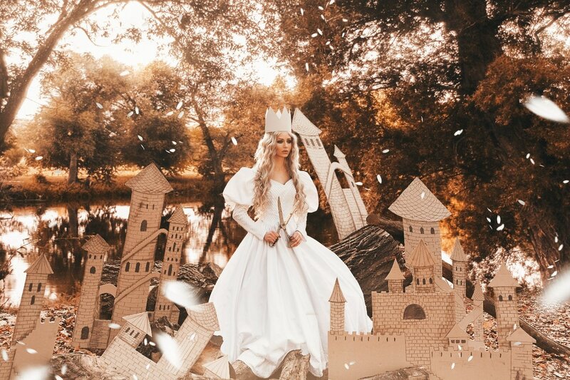 Woman in White Gown — Dramatic, Autumn, Photograph, Castle