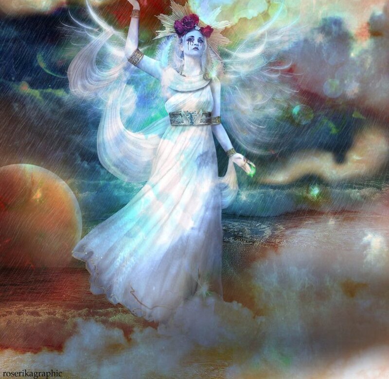 Woman in White Gown — Dramatic, Digital Art, Flowers
