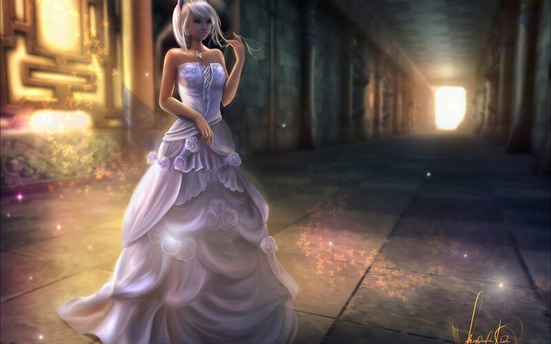 Woman in White Gown — Dramatic, Digital Art, Hallway