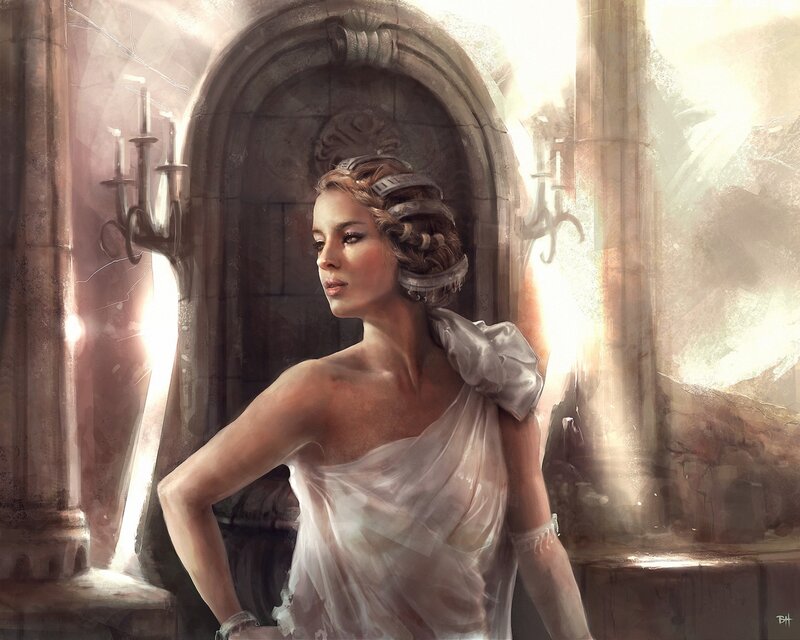 Woman in White Gown — Dramatic, Digital Art, Stone Archway, Candelabra