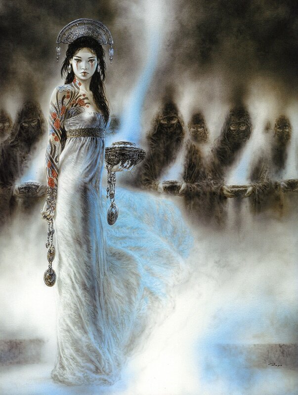 Woman in White Gown — Dramatic, Digital Art, Tattoos, Mask-like Figures