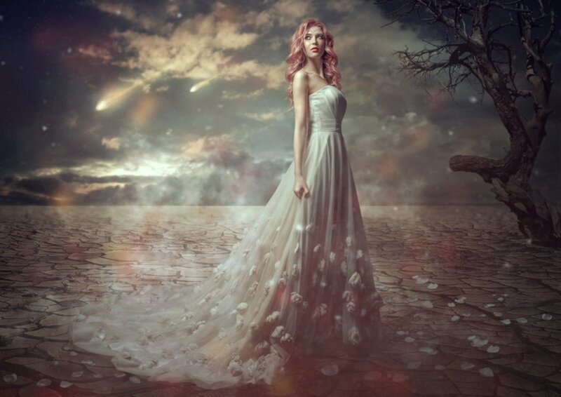Woman in White Gown — Dramatic, Night, Digital Art, Cracked Ground