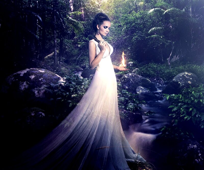 Woman in White Gown — Dramatic, Night, Digital Art, Forest