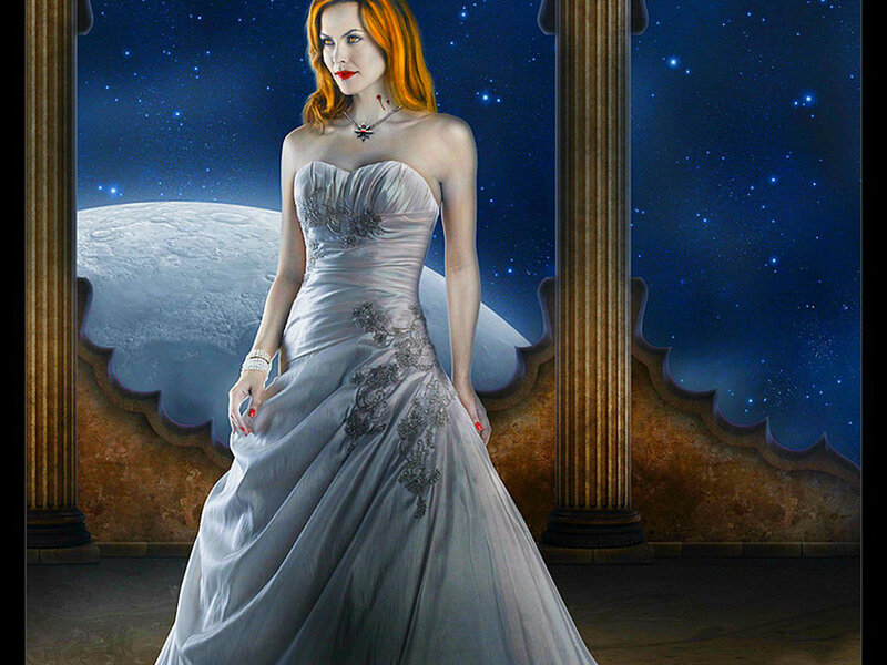 Woman in White Gown — Dramatic, Night, Digital Art, Moon