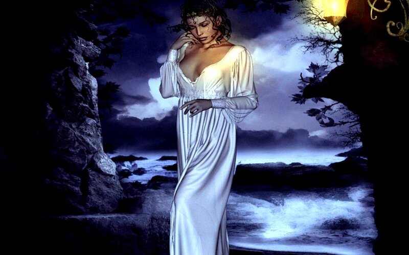 Woman in White Gown — Dramatic, Night, Digital Art, Night Sky