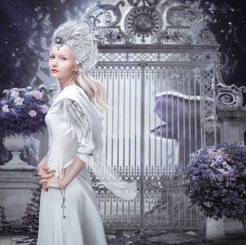 Woman in White Gown — Dramatic, Night, Digital Art, Ornate Gate