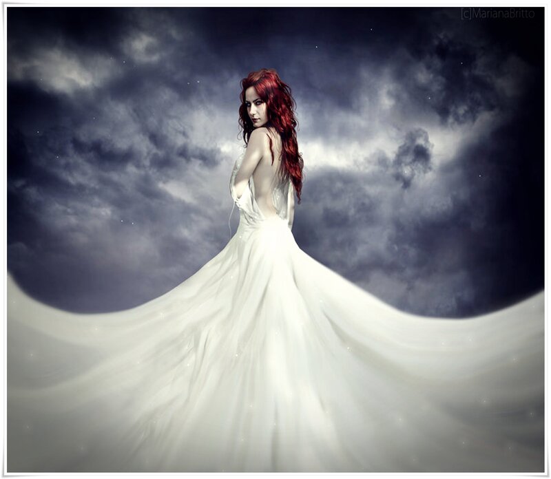 Woman in White Gown — Dramatic, Night, Digital Art, Red Hair, Clouds